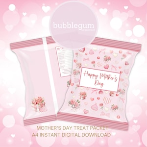 Pacote de guloseimas para o dia das mães com corações e flores rosa, JPG A4 para impressão, sacola de guloseimas para o dia das mães, sacola para salgadinhos, sacola para salgadinhos, download digital instantâneo