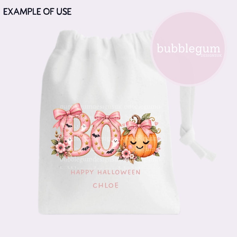 May include: A white drawstring bag featuring a graphic with the text BOO, HAPPY HALLOWEEN, and CHLOE. The design includes pink letters decorated with bows, small ghosts, bats, and stars, alongside a smiling orange pumpkin with a pink bow.