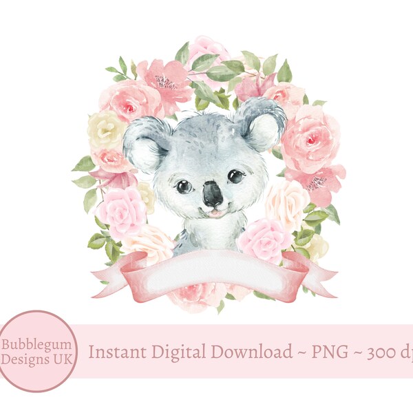 Baby Koala Pink & Cream Roses Wreath PNG, Watercolor Koala Sublimation Design, Koala Birthday, Baby Shower, Instant Digital Download