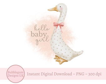 Hello Baby Girl Pink Goose Duck PNG, Sublimation Design, New Baby, Baby Shower, Baby Girl, Hello Baby Clip Art, Instant Digital Download