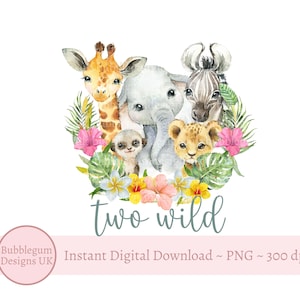 Meninas dois bebês selvagens safari animais PNG, animais bebês em aquarela, design de sublimação de camiseta, design de cartão de aniversário, download digital instantâneo