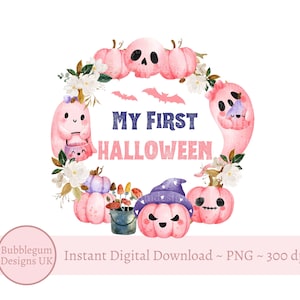 Primer Halloween rosa PNG, chaleco de Halloween para bebé niña PNG, diseño de camiseta de Halloween para bebé, bolsa de dulces de Halloween, descarga digital instantánea