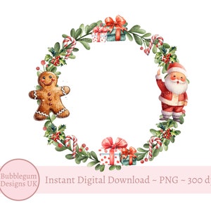 Santa & Gingerbread Man Christmas Wreath PNG, Baby's First Christmas, Santa Sack Design , Holiday Sublimation, Instant Digital Download