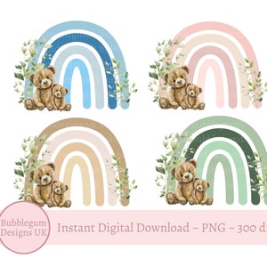 Conjunto de 4 arcoíris de ositos de peluche, PNG, arcoíris de colores, arcoíris del Día de la Madre, arcoíris del Día del Padre, mamá papá oso, descarga digital instantánea