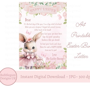 A4 Osterhase Brief, rosa Frohe Ostern Osterhase Hinweis, Osterhase Brief, JPG, druckbare Brief, sofortiger digitaler Download