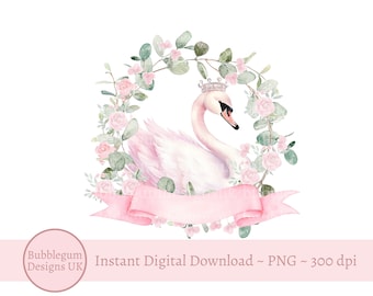 Pink Swan Wreath PNG, Swan Sublimation Design, Girls First Birthday Party Decor, Birthday Swan, Swan Princess, Instant Digital Download