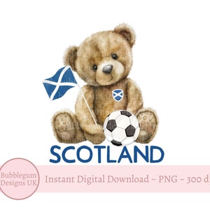 Orsetto di peluche scozzese in formato PNG, design a sublimazione per il calcio scozzese, bandiera scozzese, design per maglietta da calcio per bambini, download digitale istantaneo