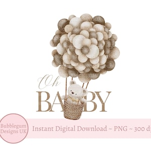 Oh Baby Teddy Bear Gold Brown Balloons PNG, Teddy Bear Clipart, Bear Baby Shower, Bear Hot Air Balloons, Baby Girl, Instant Digital Download
