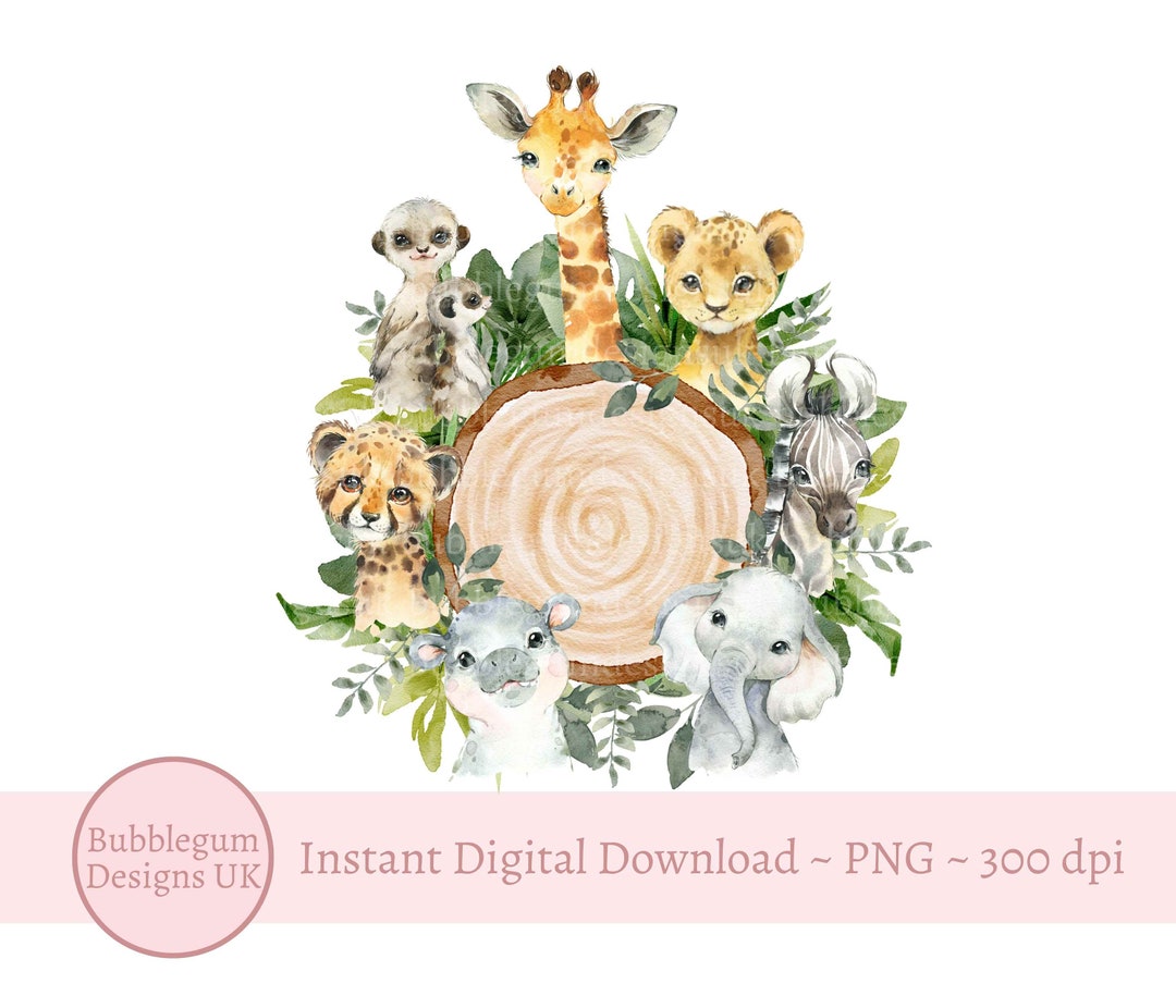 Baby Safari Animals Blank Log Slice PNG, Watercolor Baby Animals ...