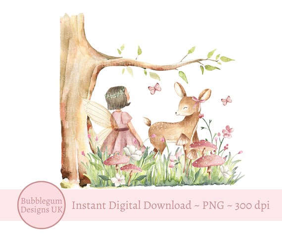 Fairy & Deer Woodland PNG, Baby Deer Sublimation Design,Fairy Birthday Design, Whimsical Woodland, Fairies, Instant Digital Download