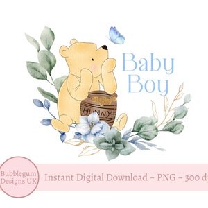 Klassische Winnie The Pooh Baby Boy Blauer Blumenkranz PNG, Winnie The Pooh Baby Shower Sublimation, Pooh Honigtopf, sofortiger digitaler Download