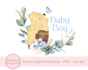 Classic Winnie The Pooh Baby Boy Blue Flower Wreath PNG, Winnie The Pooh Baby Shower Sublimation, Pooh Honey Pot, Instant Digital Download