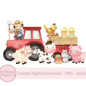 Trattore agricolo rosso in formato PNG, disegno a sublimazione di animali da fattoria, disegno per maglietta di compleanno, mucca, agnello, maiale, oink baa cluck moo, download digitale istantaneo