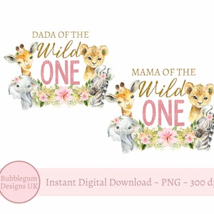 2 x Wild One Safari Animals Mama Dada T Shirt Sublimation Design, Safari Party Family T Shirt PNGs, Mamãe, Papai, Download Digital Instantâneo