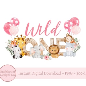 Rosa Wild One Baby Safari Tiere PNG, 1. Geburtstag T-Shirt Sublimationsdesign, Safari Geburtstagskarte Design, sofortiger digitaler Download