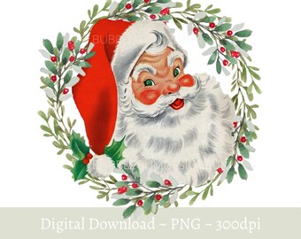 Santa Christmas Wreath PNG, Christmas Clip Art, Vintage Santa Design , Holiday Sublimation, Instant Digital Download