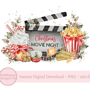 Noche de cine navideña PNG, clipart navideño, diseño de sublimación de pijamas navideños, chocolate caliente y dulces, descarga digital instantánea