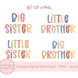 Little Big Brother Sister Bright Text PNG, Designs de sublimação de camisetas para irmãos, Designs de camisetas para anúncio de bebê, Download digital instantâneo