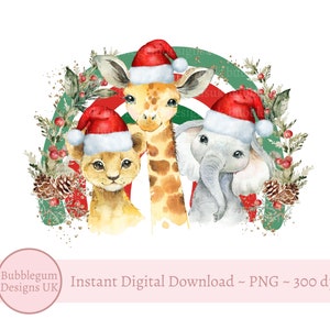 Christmas Safari Animals Rainbow PNG, Cute Elephant, Giraffe, Leopard Clipart, Santa Hat Animals, First Christmas, Instant Digital Download