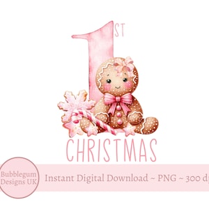 1st Christmas Gingerbread Girl PNG, Różowe Boże Narodzenie, Projekt worka Świętego Mikołaja, Piżamy Wigilijne, Sublimacja bombek, Natychmiastowe pobieranie cyfrowe