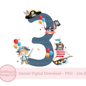 3e anniversaire de pirate bleu, clipart pirate troisième anniversaire, conception de cartes de bateau pirate, sublimation de tee d'anniversaire, téléchargement numérique instantané