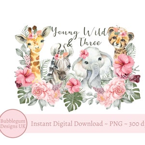 Jeune sauvage et trois animaux de safari roses PNG, 3e anniversaire T shirt en sublimation, anniversaire Safari rose, Jungle, téléchargement immédiat