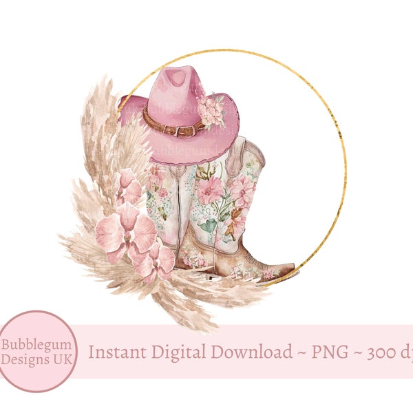 Boho Pink Cowgirl Hat & Boots Wreath, Pink Cow Girl Boots, PNG, Cowgirl Sublimation Design, Floral Cow Girl, Download digitale istantaneo