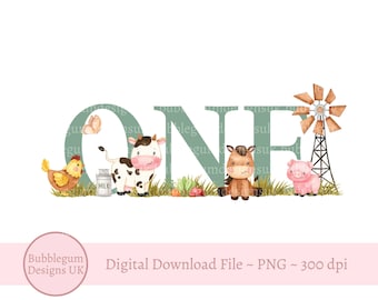 Sage Green Farm ONE 1st Birthday PNG, Farm Animals Sublimation Design, Birthday T Shirt Design, Cow, Lamb, Horse, Instant Digital Download
