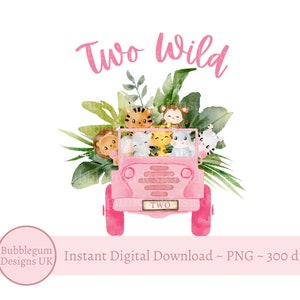 Dois filhotes de animais selvagens do Safari, caminhão rosa PNG, animais bebês em aquarela, sublimação de camiseta, aniversário do Safari rosa, download digital instantâneo