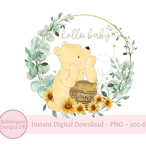 Corona de girasol clásica de Winnie The Pooh Hello Baby PNG, sublimación de Winnie The Pooh Baby Shower, tarro de miel de Pooh, descarga digital instantánea
