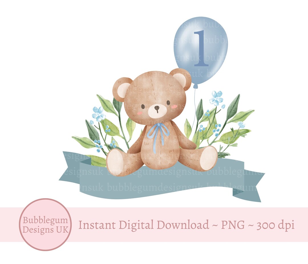 Teddy Bear Blue 1 Balloon Sublimation Design, PNG, Teddy 1st Birthday ...