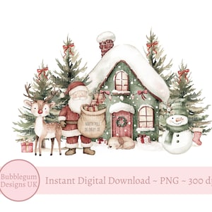 Kersthuisje kerstman en rendieren sublimatieontwerp, png, kerstkaartontwerp, kerstmanzak, kerstavonddoos, instant digitale download