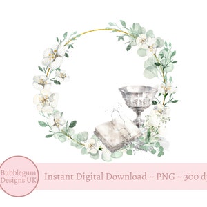Erste heilige Kommunion Kranz PNG, 1st Kommunion Sublimation Design, Eukalyptus Blumenkranz, Rosenkranz, Kelch, Bibel, Sofortiger digitaler Download