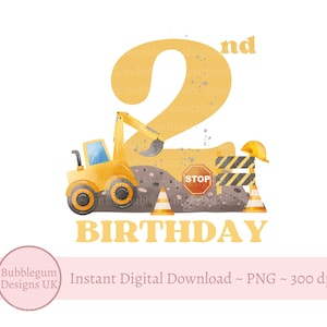 2. Geburtstag Bagger Sublimationsdesign, Gelber Baustellen LKW PNG, Junge T-Shirt Design, Bau Party Dekor, sofortiger digitaler Download