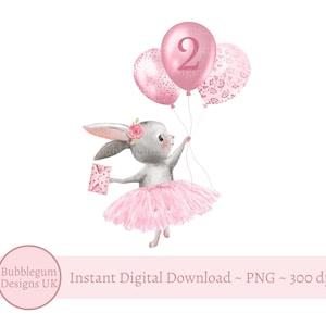 Ballerina Bunny 2.Geburtstag PNG, Grey Bunny Geburtstag Clipart, Mädchen 2.Geburtstag Kartendesign, Sublimation, sofortiger digitaler Download