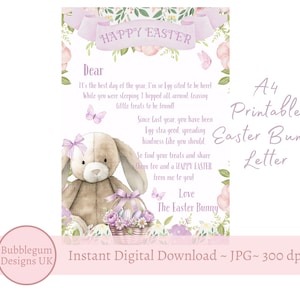 A4 Osterhase Brief, lila Frohe Ostern Osterhase Hinweis, Osterhase Brief, JPG, druckbare Brief, sofortiger digitaler Download