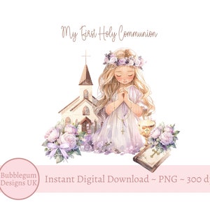 Minha Primeira Comunhão PNG, Clipart de Primeira Comunhão de Menina Orando, Design de Cartão de Comunhão Sagrada, Comunhão Roxa, Download Digital Instantâneo