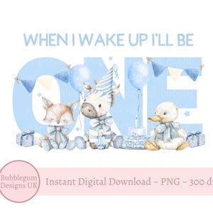 Blauwe knuffeldieren ONE sublimatieontwerp, png, pyjama eerste verjaardag, schattige dieren, als ik wakker word, zal ik één zijn, instant digitale download
