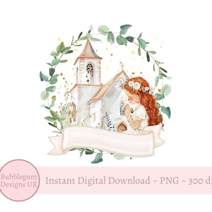 Erste heilige Kommunion Kranz PNG, Mädchen 1st Kommunion Sublimation Design, Eukalyptuskranz, Kirche, Bibel, Beten, sofortiger digitaler Download