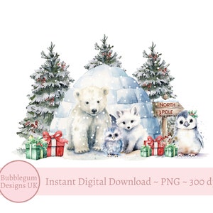 Animaux de l'Arctique Noël PNG, Igloo Sublimation Design, boîte de réveillon de Noël PNG, ours polaire, hibou, pingouin, renard, téléchargement immédiat