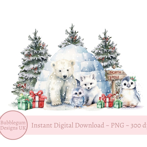 Polartiere Weihnachten PNG, Iglu Sublimation Design, Heiligabend Box PNG, Eisbär, Eule, Pinguin, Fuchs, sofortiger digitaler Download