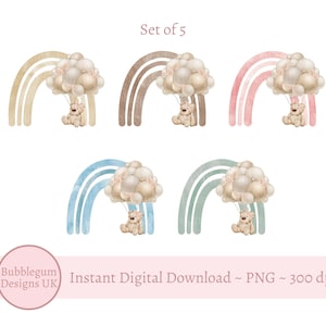 Set van 5: regenboog babyshowerballonnen png, babyshower beren, sublimatieontwerp beer, we kunnen wachten, instant digitale download,