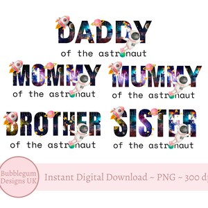 Paquete de camisetas familiares de astronauta rosa, mamá, papá, hermano, hermana, astronauta rosa PNG, tema de fiesta espacial, descarga digital instantánea