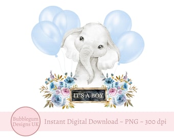 It's A Boy - Baby Elephant Blue Balloons PNG, Sublimation Design, New Baby, Baby Shower, Baby Boy Clip Art, Instant Digital Download