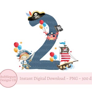 Bleu pirate 2e anniversaire PNG, Clipart deuxième anniversaire de pirate, conception de cartes de bateau pirate, sublimation de tee d'anniversaire, téléchargement numérique instantané