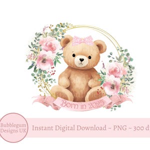 Geboren in 2025 roze teddybeerkrans PNG, pasgeboren sublimatieontwerp, nieuwe baby, babyshower, 2025 jaar clipart, instant digitale download
