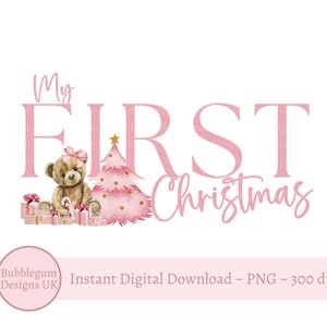Rosa mein erster Weihnachtsteddybär PNG, Weihnachtsbär, Babys 1. Weihnachtsweste, Weihnachtssack Sublimationsdesign, sofortiger digitaler Download