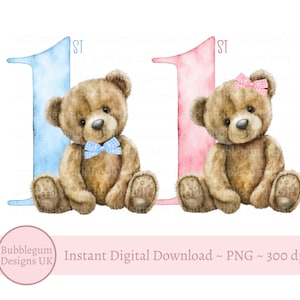 2er-Set - 1st Teddybären Pink & Blau - PNG, Sublimationsdesign zum ersten Geburtstag, erster Muttertag, 1st Ostern, sofortiger digitaler Download
