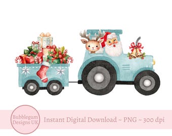 Conception de sublimation de tracteur et de remorque de Noël bleu du père Noël, tracteur rouge PNG, conception de Tshirt de tracteur de ferme de Noël, téléchargement numérique instantané