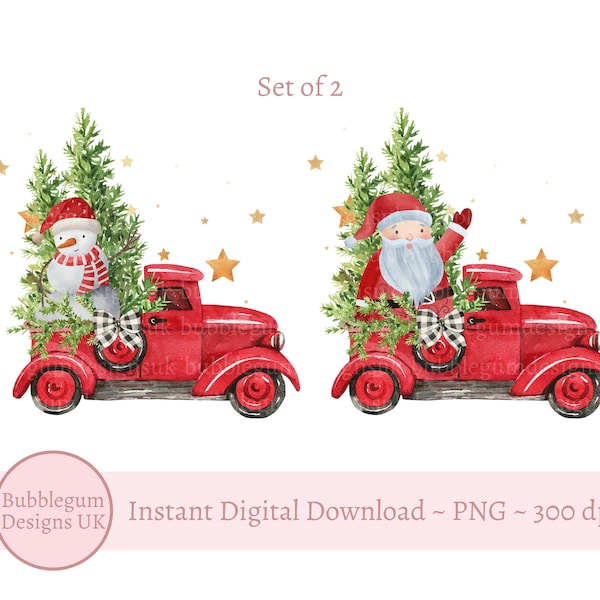 2er-Set - Weihnachtsmann-Schneemann-Weihnachtsbaum-Truck PNG, Weihnachtssublimation, Weihnachts-ClipArt, Urlaubssublimation, sofortiger digitaler Download